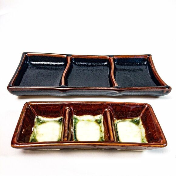 Two Ceramic 3-Saucer Soy, Ginger, Wasabi Serving Dishes - Picture 3 of 7